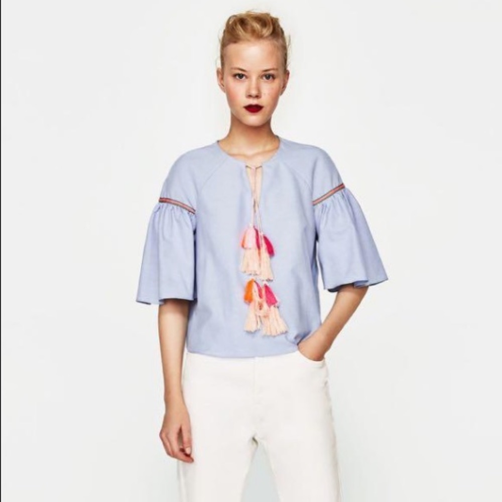 Zara Trafaluc Collection Blue Tassel Blouse S - Picture 8 of 9